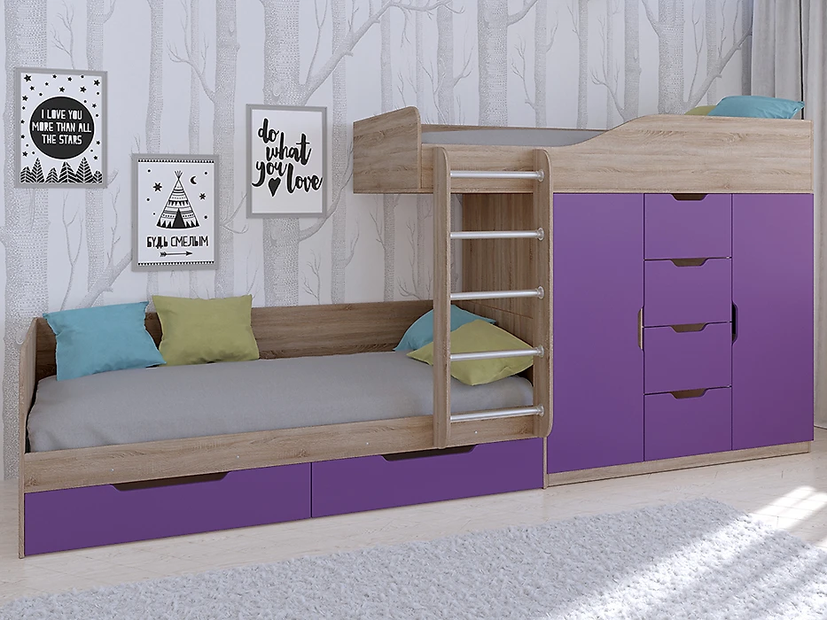 Детская кровать для девочек Астра-6 Сонома/Фиолетовый
