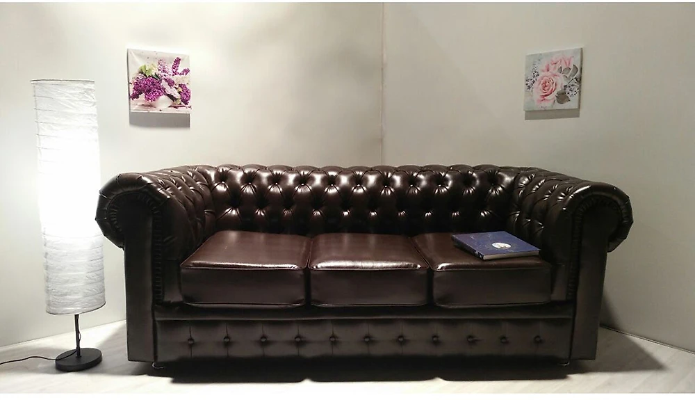 Чёрный кожаный диван Честерфилд-3 Браун