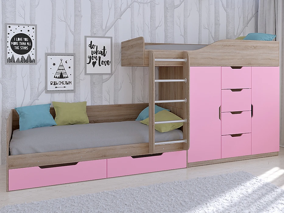 Детская кровать для девочек Астра-6 Сонома/Розовый