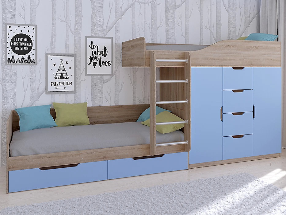 Детская кровать для девочек Астра-6 Сонома/Голубой