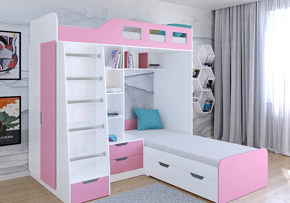 Кровать-чердак с диваном внизу Астра-4 (Принцесса) Розовый