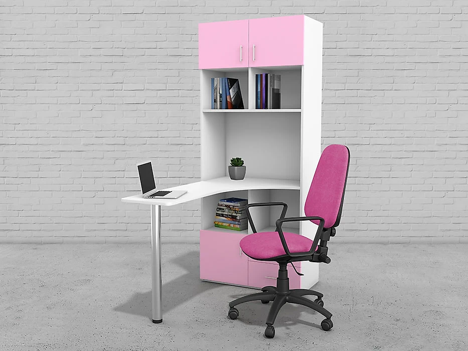 Угловой компьютерный стол GK ST 100 Белый-Розовый со стеллажом