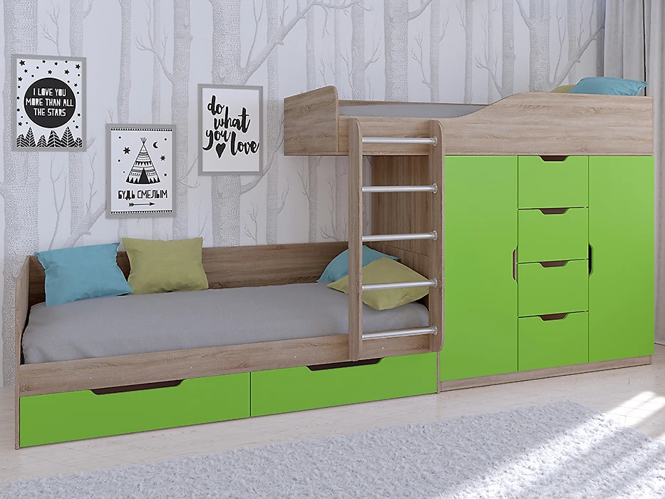 детская двухэтажная кровать Астра-6 Сонома/Салатовый